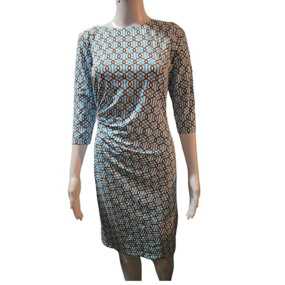 J. McLaughlin Geometric Print 3/4 Sleeve Ruched Side Dress - Picture 6 of 7